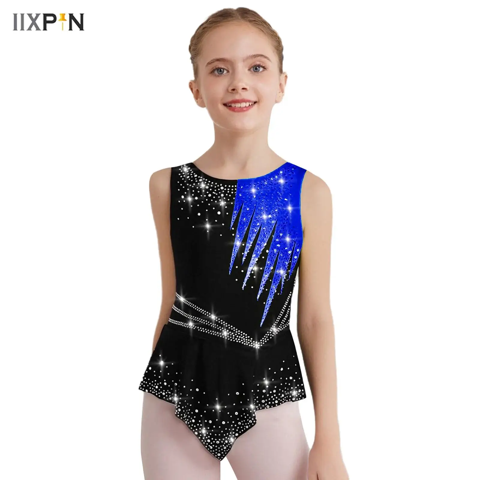 

Kids Girls Rhythmic Gymnastics Leotard Shiny Rhinestone Contrast Color Sleeveless Bodysuit for Competition Performance Dancewear