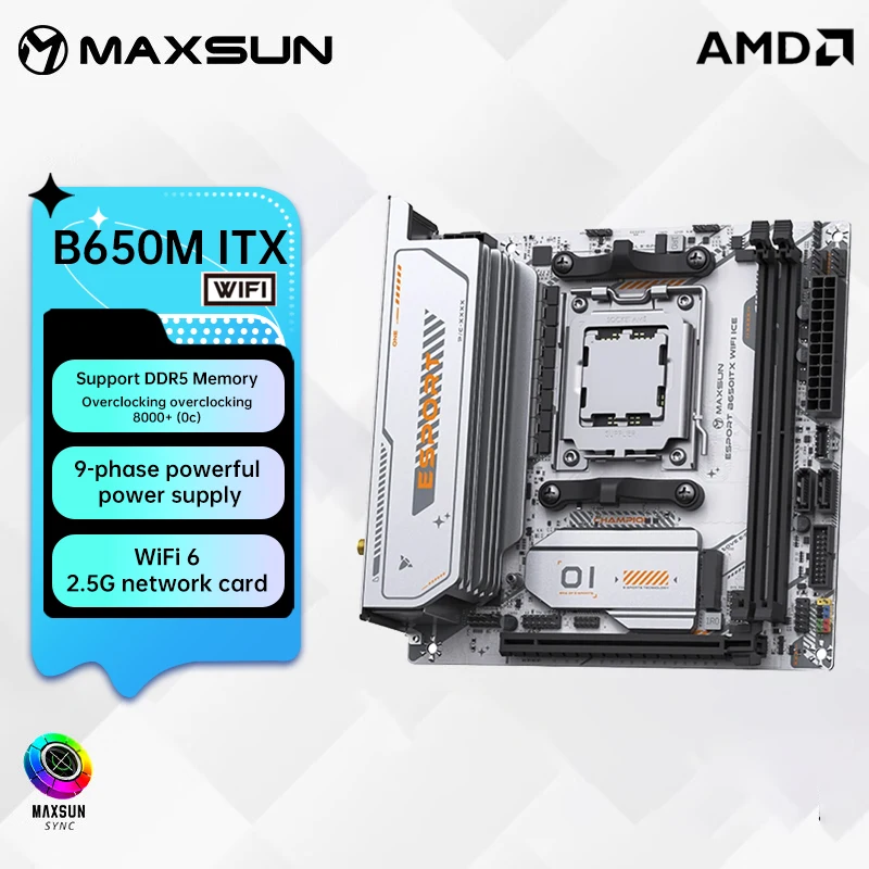 MAXSUN B650M Motherboard ITX AMD Ryzen AM5 DDR5 Supports 4800/5200/5600-8000 (OC+) memory Pcie5.0x16 2*Pcie4.0x4 M.2 ARGB WIFI 6