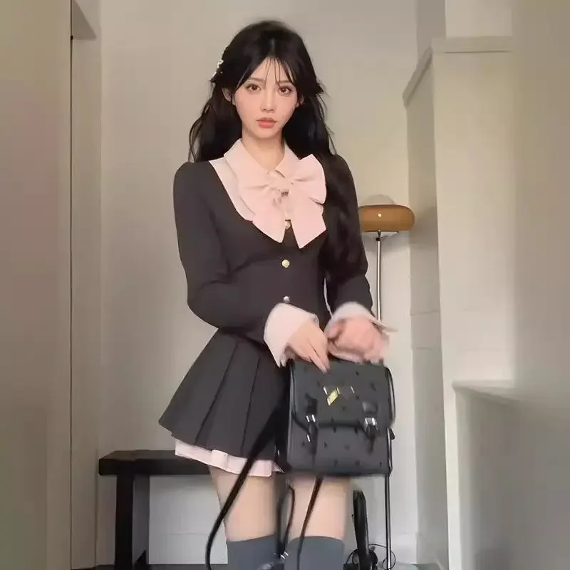 فستان على طراز Preppy للنساء للربيع بفيونكة مرقعة وخصر على شكل حرف A فساتين قصيرة أنيقة بأكمام طويلة للحفلات #3