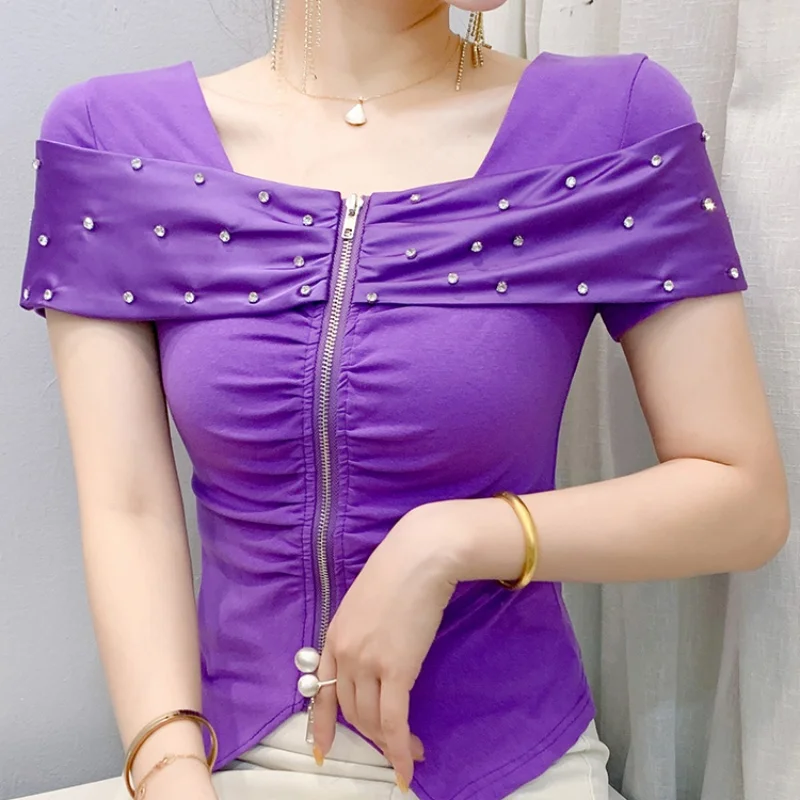 

Summer New Fashion Diamonds Slim Zipper T-shirt High Quality Summer Short Sleeved Patchwork Tshirt Female Square Neck Tops