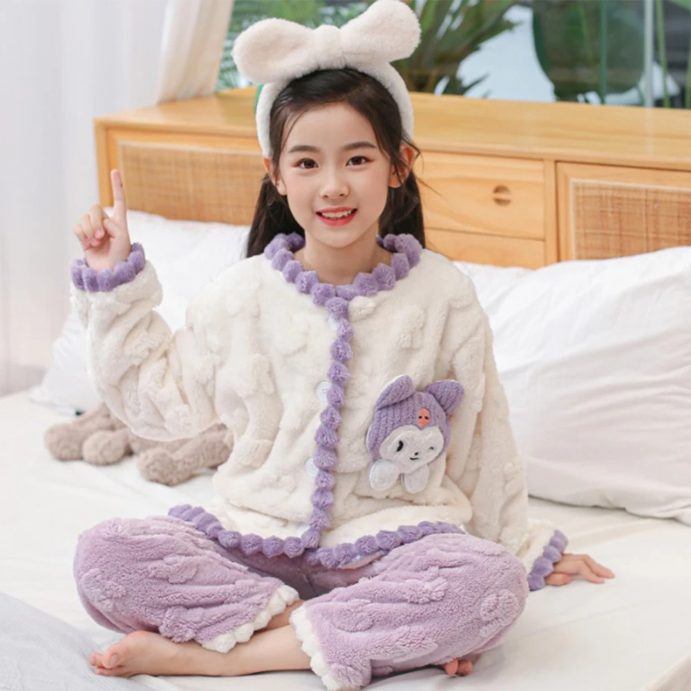 

Kuromi Anime Sanrios Cinnamoroll Children's Pajamas Melody Cartoon Spring Autumn Korean Style Kawaii New Warm Flannel Homewear