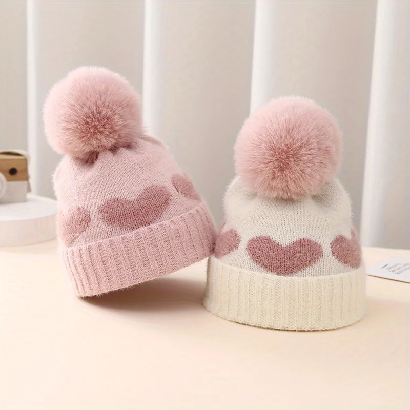 Winter Baby Hat, Cute Heart Shaped Pom Pom Knitted Hat, Warm, with Ear Protection, Stretchy Woolen Hat-For 0-12 Months Baby Girl