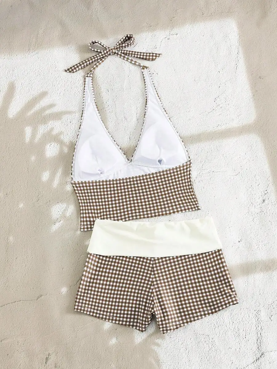 Brown White Gingham Two-Piece Swimsuit With Halter Tie Top And High-Rise Shorts For Summer Beach Pool Use Retro Stylish Design
