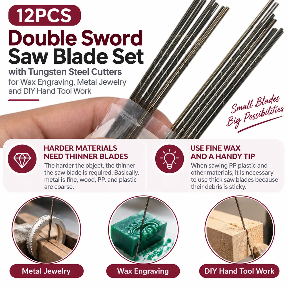 Jewelers 12pcs Double Sword Saw Blade Set with Tungsten Steel Cutters for Wax Engraving, Metal Jewelry and DIY Hand Tool Work
