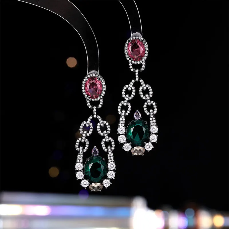 Exquisite Micro-encrusted Zircon Fashion Chain Oval Water Drop Design Gorgeous Earrings Luxurious Long Tassel Geometric Earrings