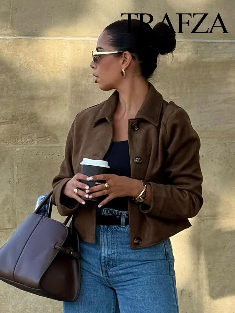 

TRAFZA Female New Fashion Lapel Single-breasted Pockets Decorate Long Sleeve Street Jacket Women Autumn Casual Short Coat