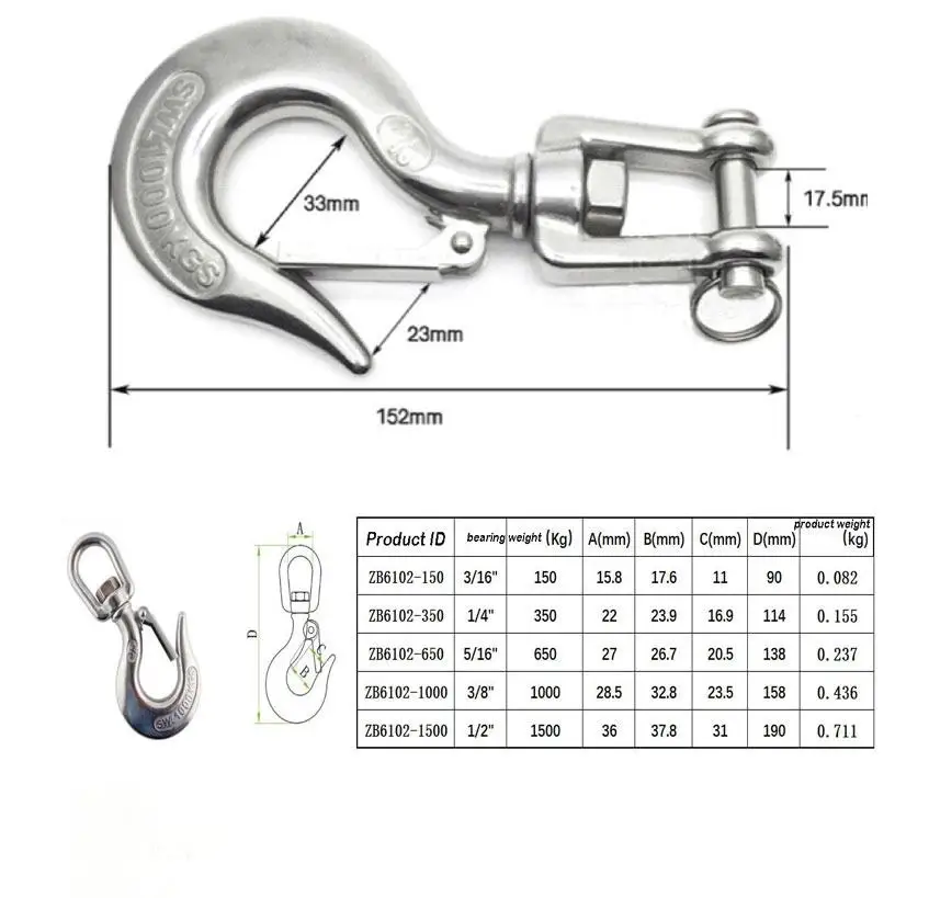 1000kg 650kg 350kg 150kg 304 Stainless Steel Swivel Lifting Hook Steel Eye Hook With Latch Rigging Accessory