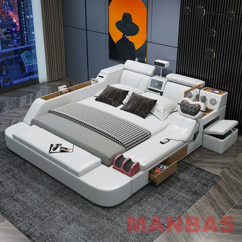 King/Queen Size Genuine Leather Bed, Modern Tech Smart Bed with Projector,USB, Speaker, Luxury Multifunction Bed, All In One Bed - view 2