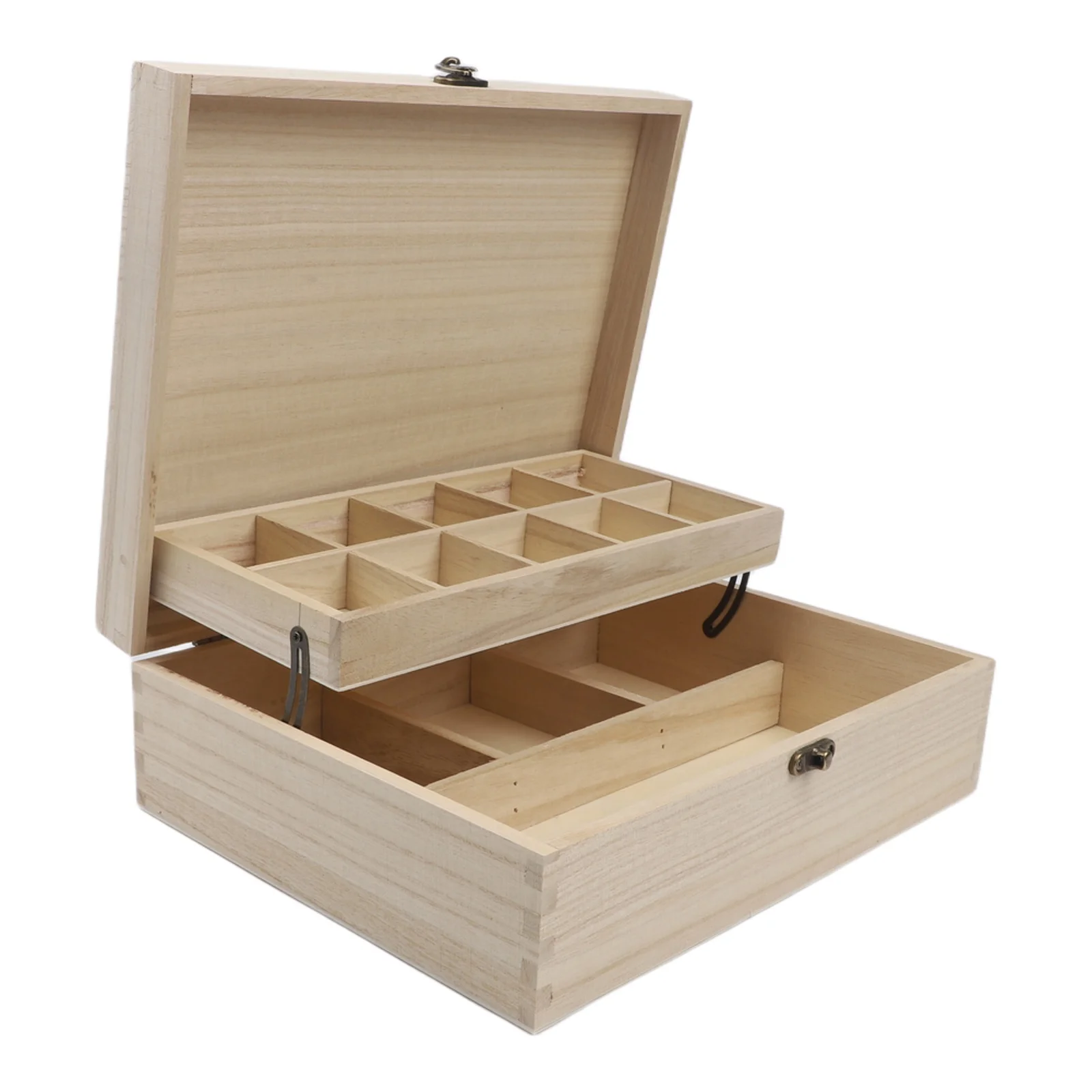 Natural Wood Two Layer Storage Box with Flip Top Lid Designed for Jewelry Craft Supplies and Small Valuables Organization