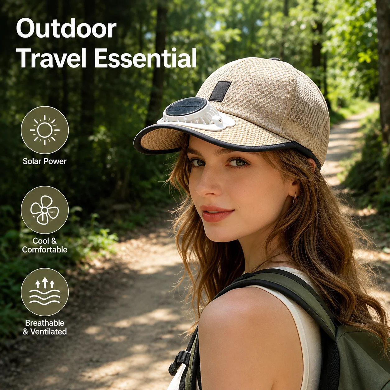Cooling Fan Hat Solar USB Dual Power Sun Shade Cap Breathable Mesh Adjustable Wind Speed Outdoor Hiking Camping Travel Use