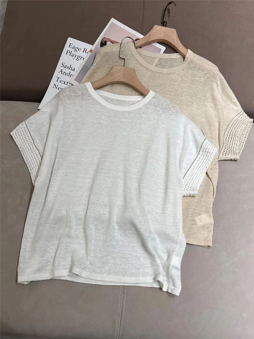 

Women's T-shirt O- Neck Drop Shoulder Sleeve Short Sleeve Beaded Casual Pullover knitted Blouse Spring and Summer 24 New