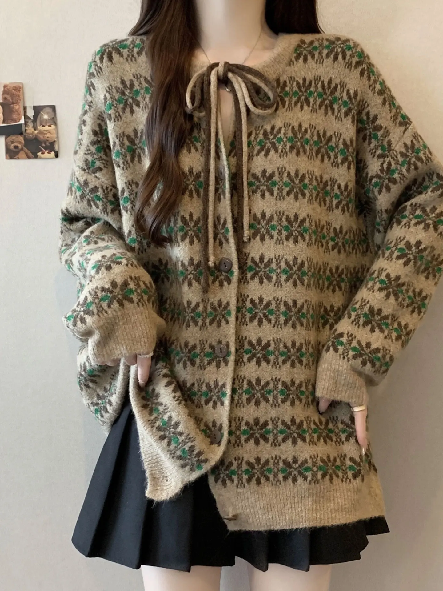 

Retro Floral Long Sve Knitwear Jaet Women's Loose Medium Length Open Cardigan Casual Sle Soft Wool Blend Casual Scene