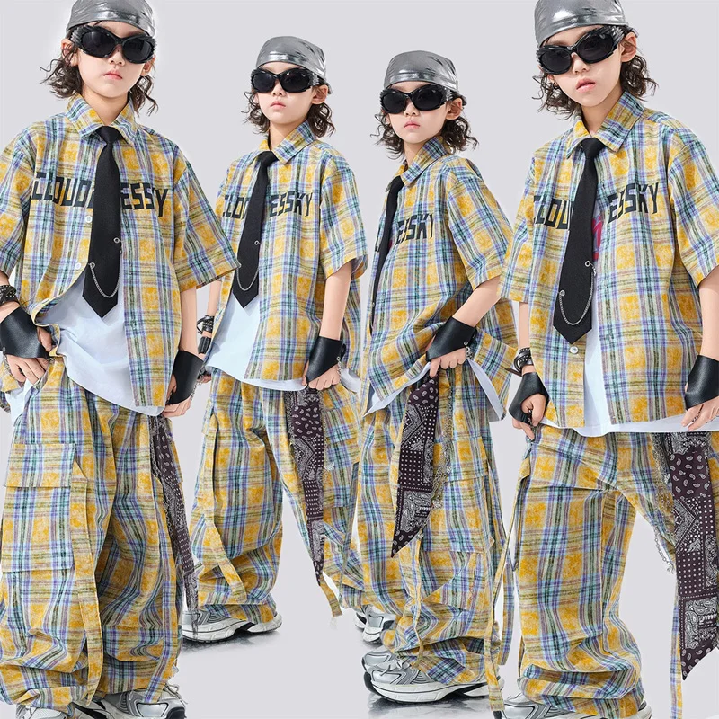 Girls Hip Hop Plaid Shirt Cargo Pants Boys Street Dance Clothes Set Child Teensage Streetwear Kids K-pop Jazz Costume
