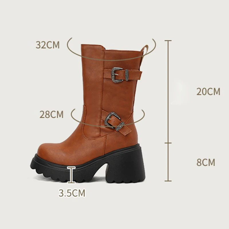 ORCHA LISA ريترو أحذية نسائية غير رسمية منتصف العجل جولة تو 8 سنتيمتر كتلة كعب 3.5 سنتيمتر منصة سستة الشرير الأسود حجم كبير 44-45