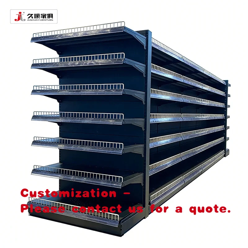 custom.JIUSHUN Double-Sided Gondola Shelving Metallic Goods Display Grocery Shelves Supermarket with Fences