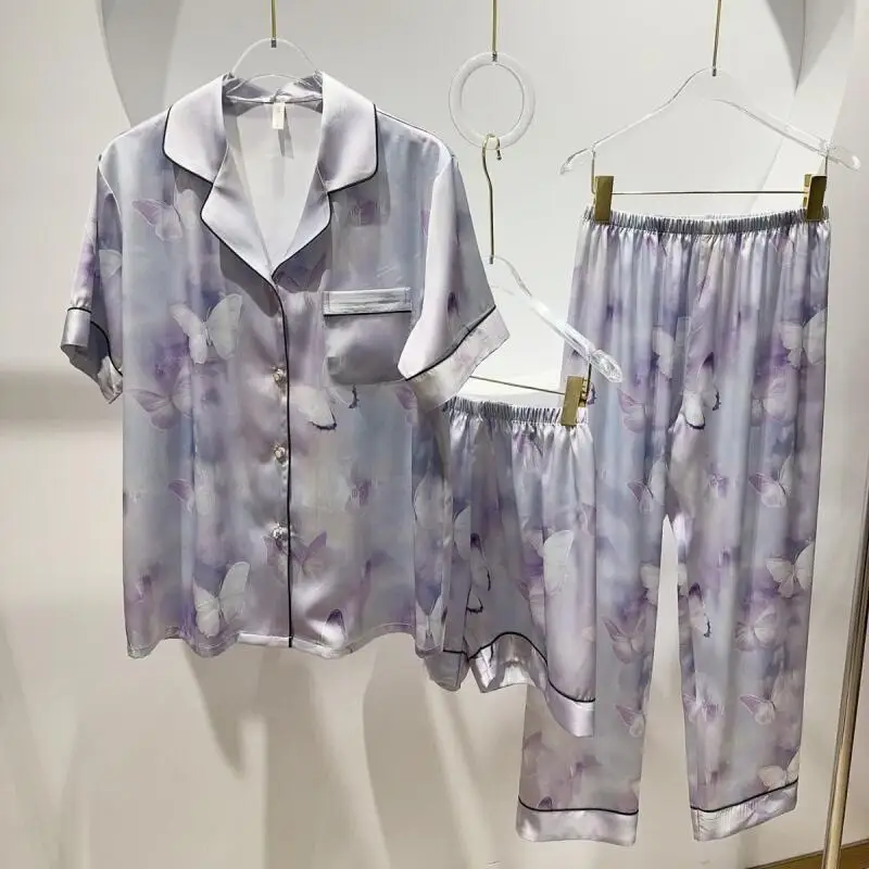 

Женский пижамный комплект из 3 предметов с цветочным принтом, весна-лето, шелковистый атлас, домашняя одежда, свободный повседневный костюм для отдыха