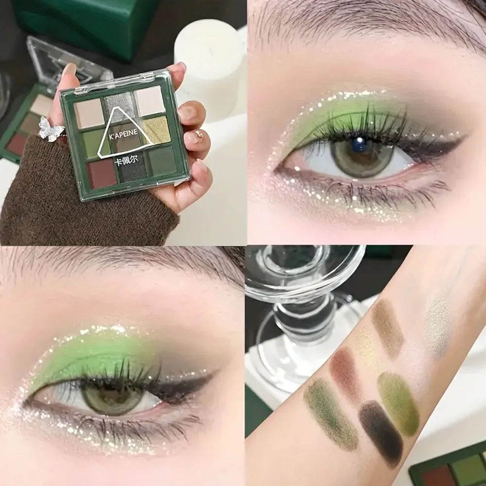 グリーン シリーズ 9 色のアイシャドウ パレット - 鮮やかな色、光沢のあるアイメイクアップ パレット、防水性と耐久性、音楽に最適