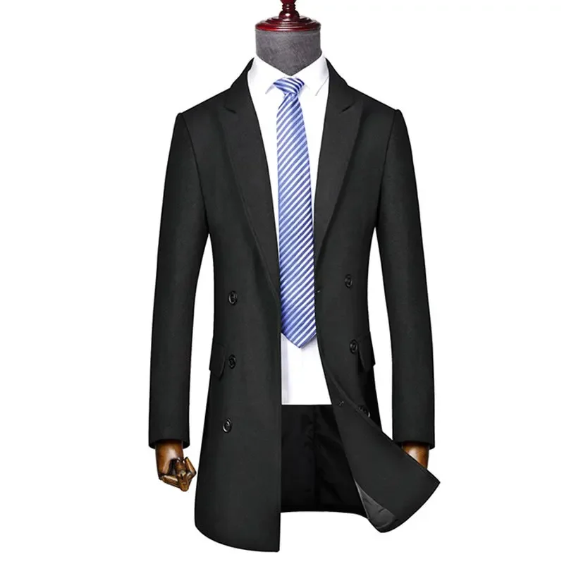 Autumn and winter woolen overcoat men's business casual double breasted medium length lapel coat