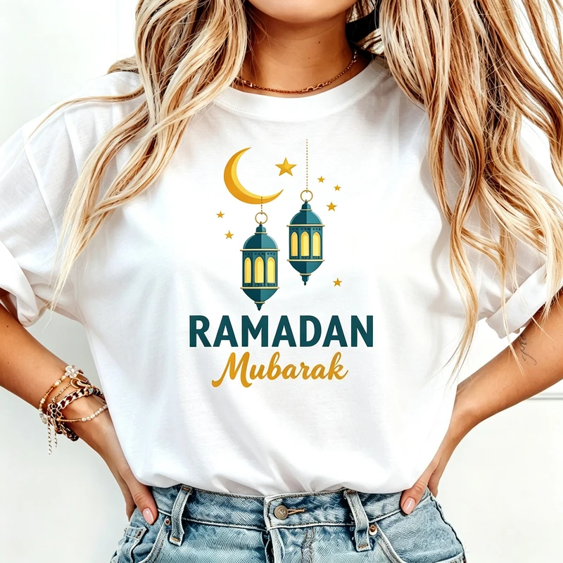 Ramadan Mubarak Islamic Holiday T Shirt Moon and Lantern Graphic Tee Unisex Short Sleeve Casual Muslim Festival Harajuku Y2k Top