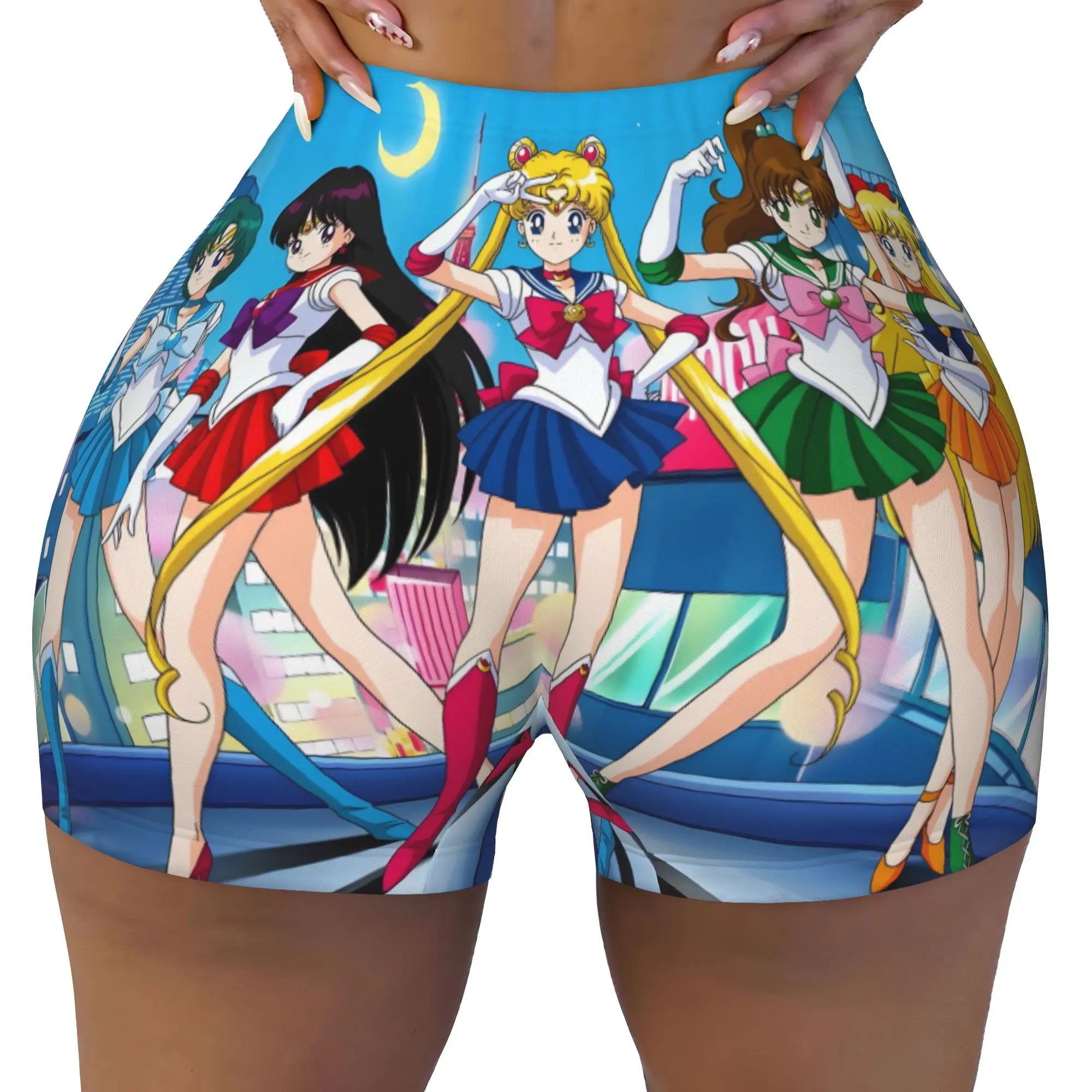 Custom Women Sailors Manga Moons Workout Yoga Shorts Usagi Tsukino Anime Gym Athletic Volleyball Biker Shorts