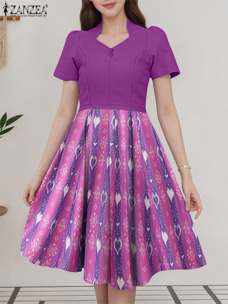 ZANZEA Vrouwen Stijlvolle Feestjurk Elegante Werkjurken Met Korte Mouwen Vierkante Hals Patchwork Vestidos Zomer Gedrukt Zonnejurk