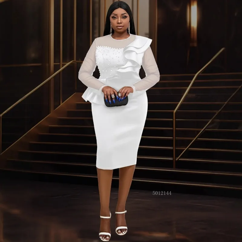 

L-4XL Африканские платья больших размеров для женщин, осеннее элегантное африканское сетчатое белое облегающее платье миди с длинными рукавами, африканская одежда 2026