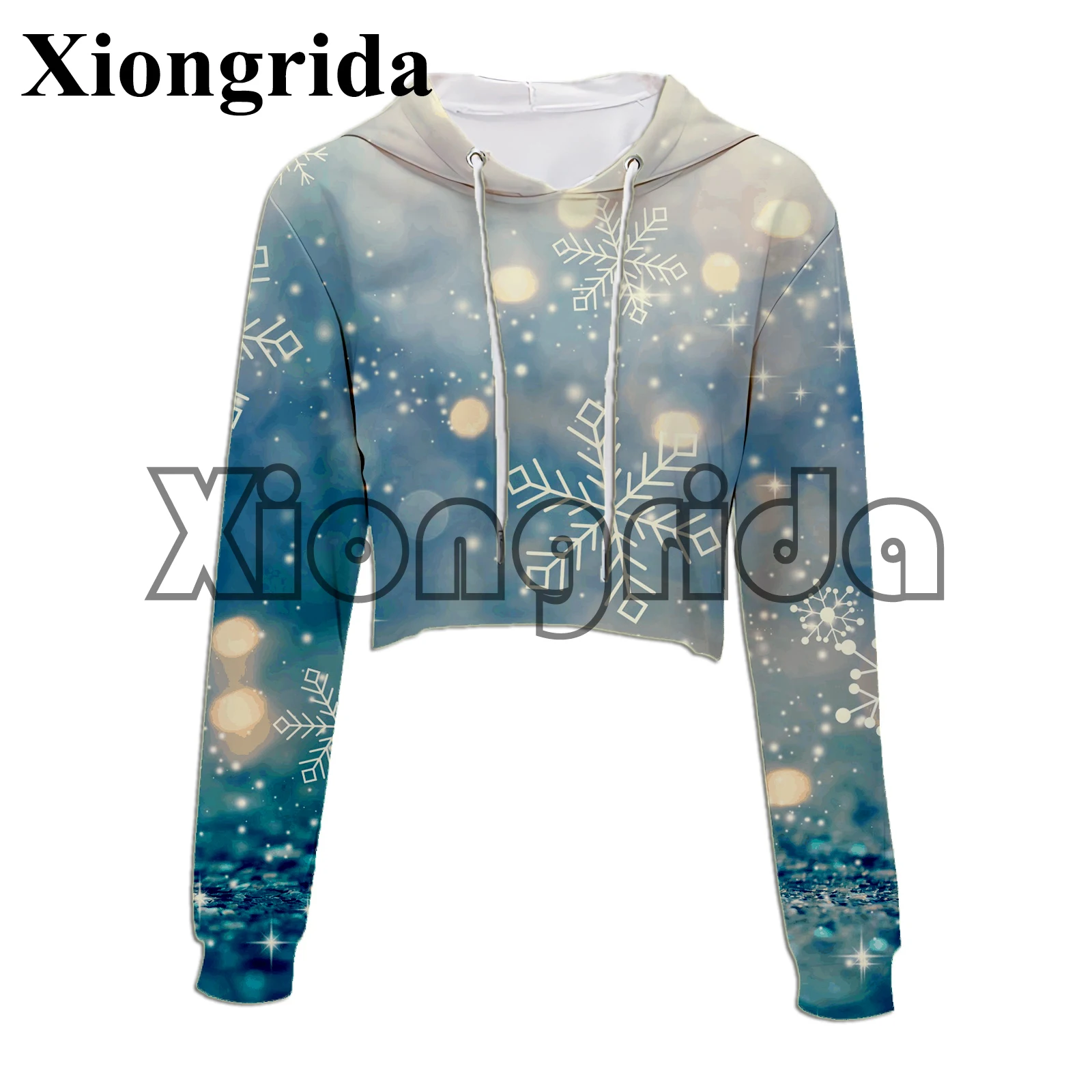 Y2K Xmas Snow Hoodies Crop Top Hoodie Women Christmas Snowflakes 3D Print Long Sleeve Casual Hooded Short Sweatshirt Pullover