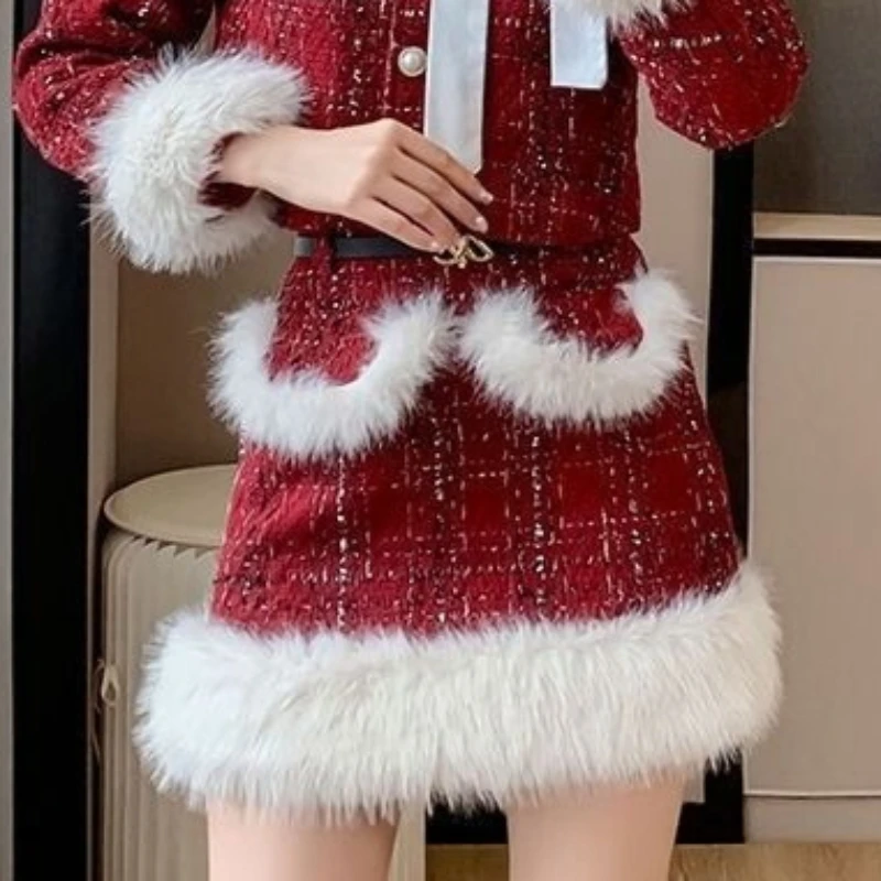 Set di due pezzi da donna di moda coreana rossa invernale Set giacca e gonna Set di abiti di tweed Set di abiti dimagranti femminili Eventi formali casual