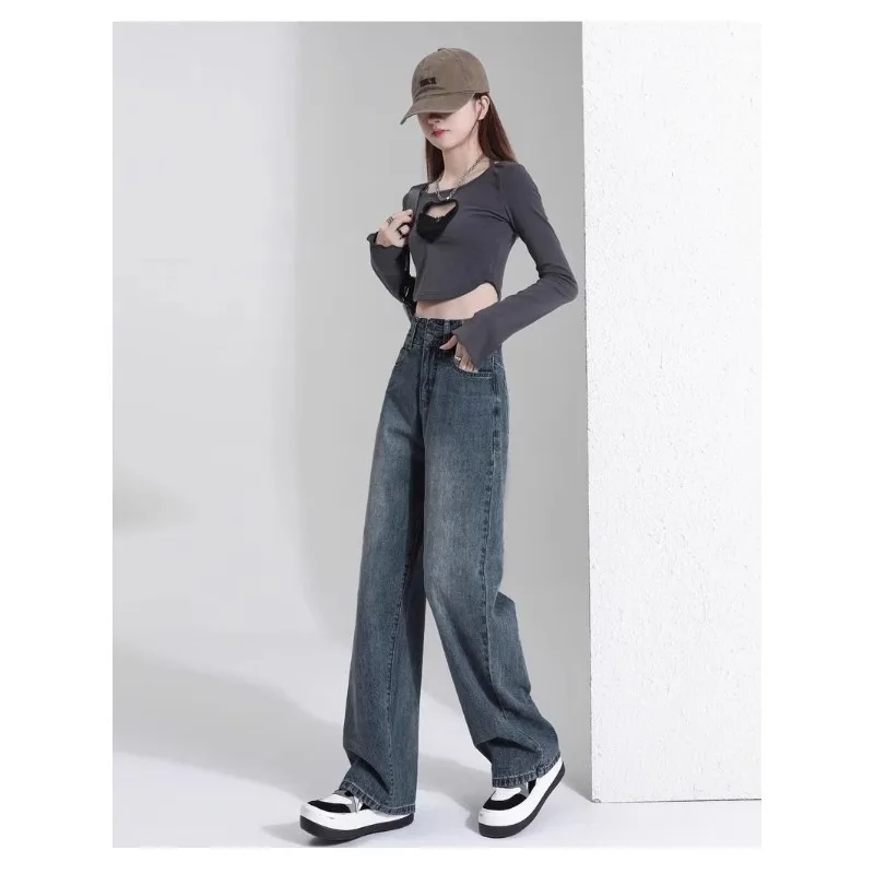 Damskie jeansy z wysokim stanem, wygodne, luźne, proste, z niskim krokiem, w stylu retro, spodnie z tkaniny bawełnianej, codzienne.