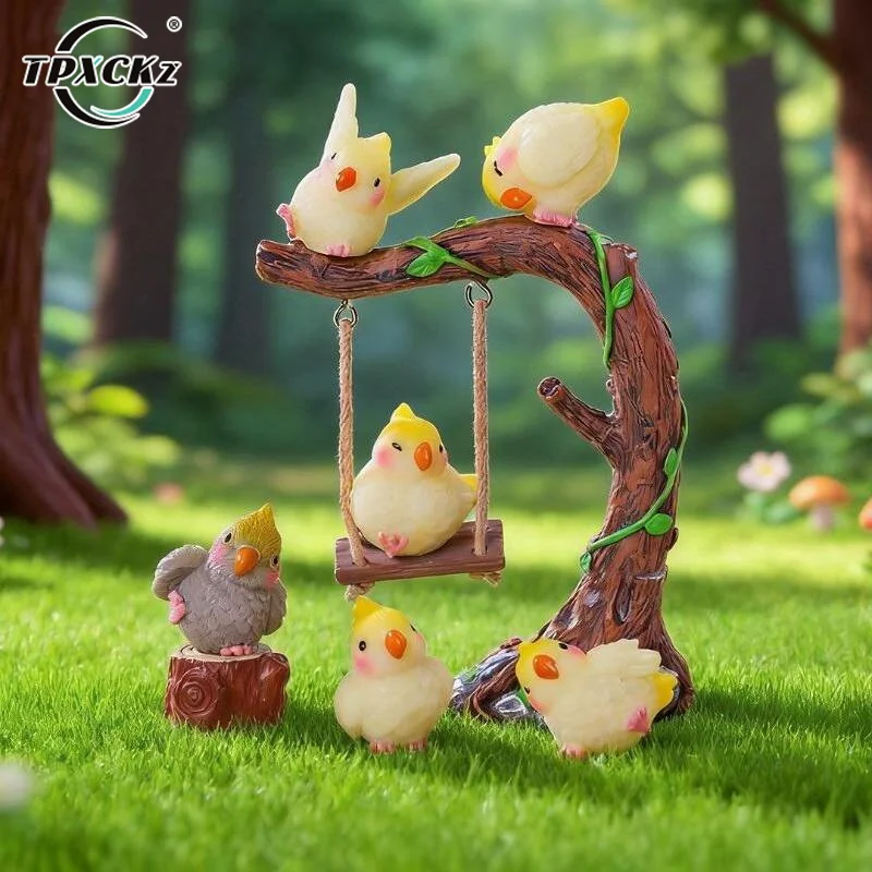 SL 6PCS Cute Cartoon Cockatiel Ornaments Horticultural Plant Animal Resin Handicraft Birds Models DIY Home Garden Decoration