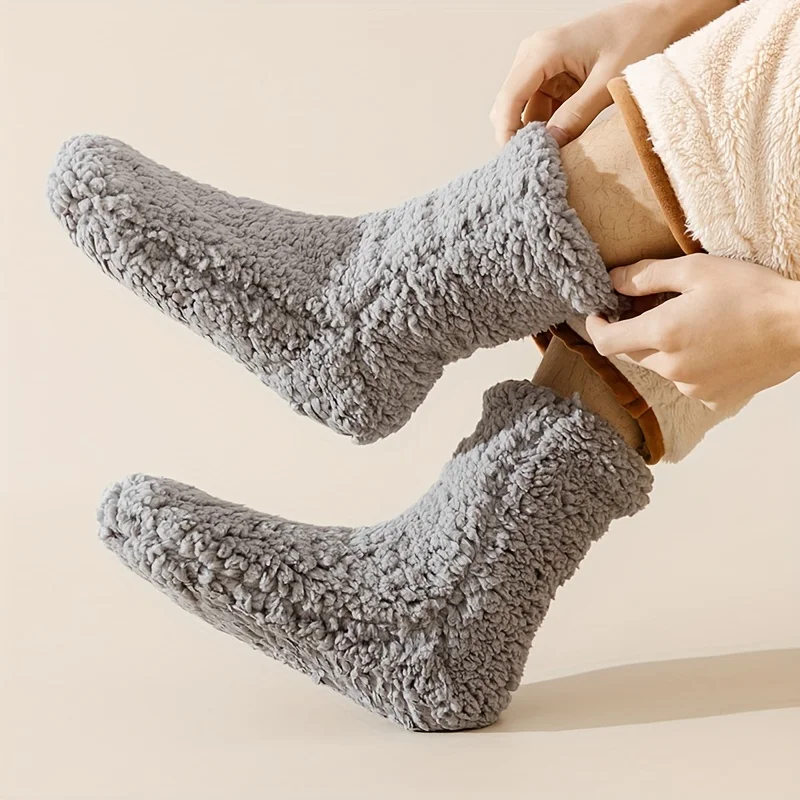 Men's Warm Thermal Non-slip Winter Solid Color Bottom Rubber Plush Sleep Socks Thickened Warm Home Floor Socks