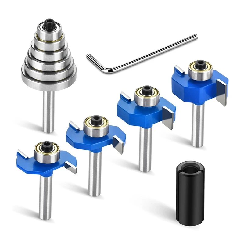 4Pcs Router Bits 1/4 Shank With 6 Bearings Set Rabbeting Router Bit For Wood Grooving With 1/2In To 1/4In Router Collet