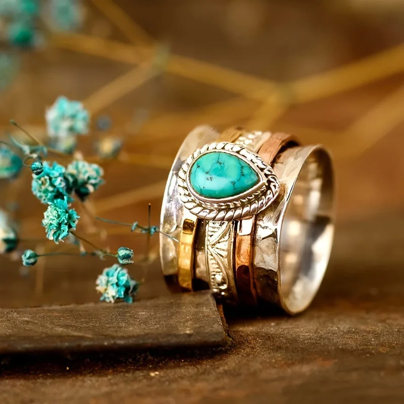 Turquoise three-color plated men's and women's rings, European and American wedding gemstones with ethnic style wholesale