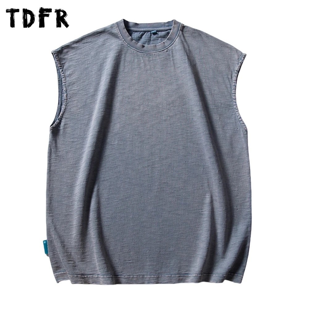 Washed Distressed Tank Top Mens Summer Casual Streetwear Loose Crew Neck Sleeveless Tee Men