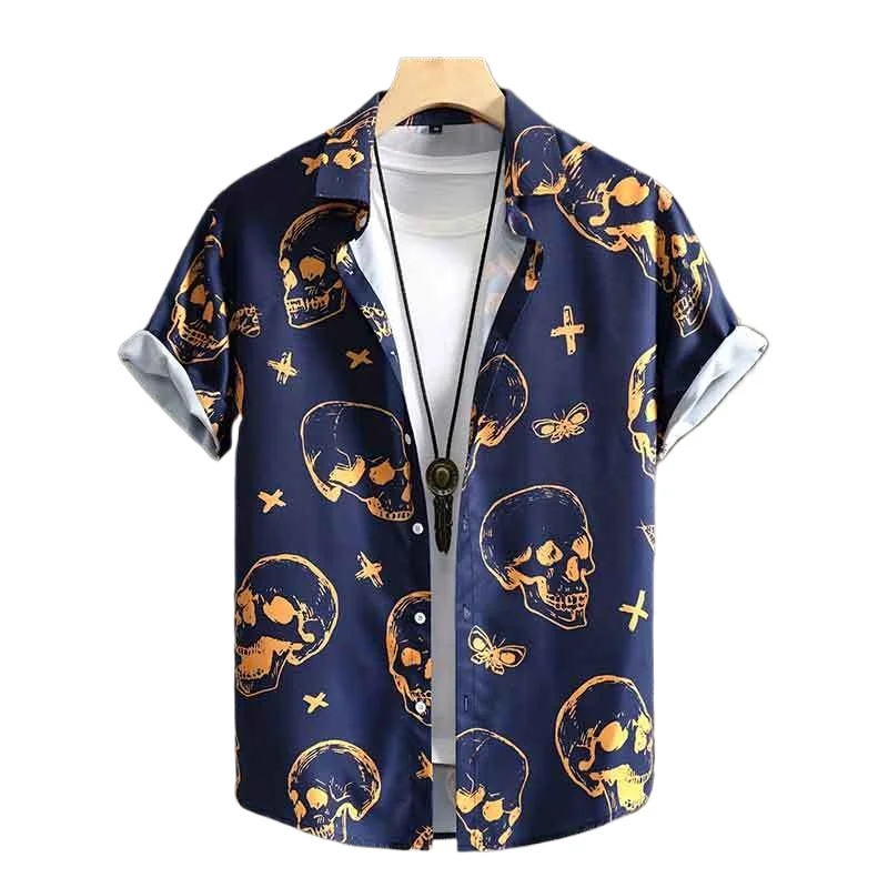 

Navy Orange Skull Vintage Style Summer Shirt Men's Clothing Short Sleeve Casual Shirts For Men Blouse New