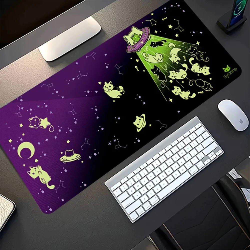 Extra Large Gaming Mouse Pad - Fluorescent Cat and Ufo Starry Sky Fantasy Design, Washable Desktop Accessory