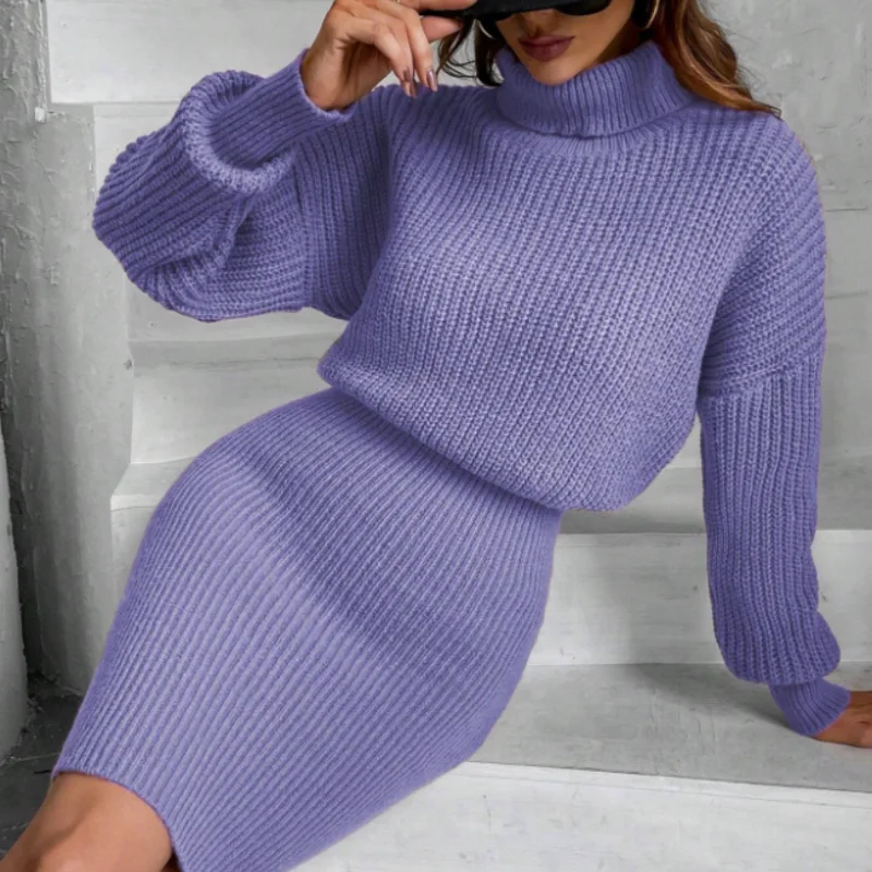 French gentle style high collar autumn and winter waist slimming rib knit outer wear versatile sweater purple bottoming dress