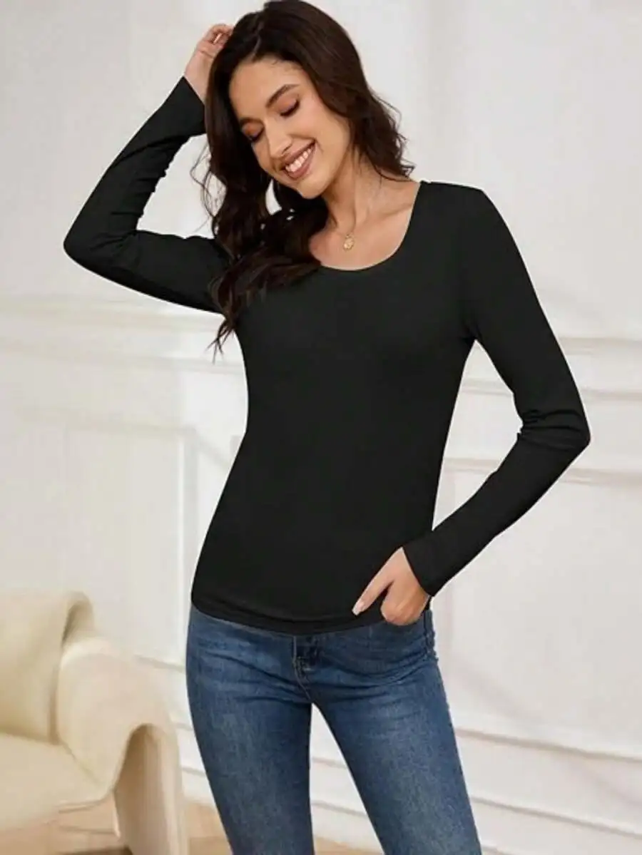 

Casual Women Long Sleeve Knit T-Shirt Slim Fit Scoop Neck Solid Color Top