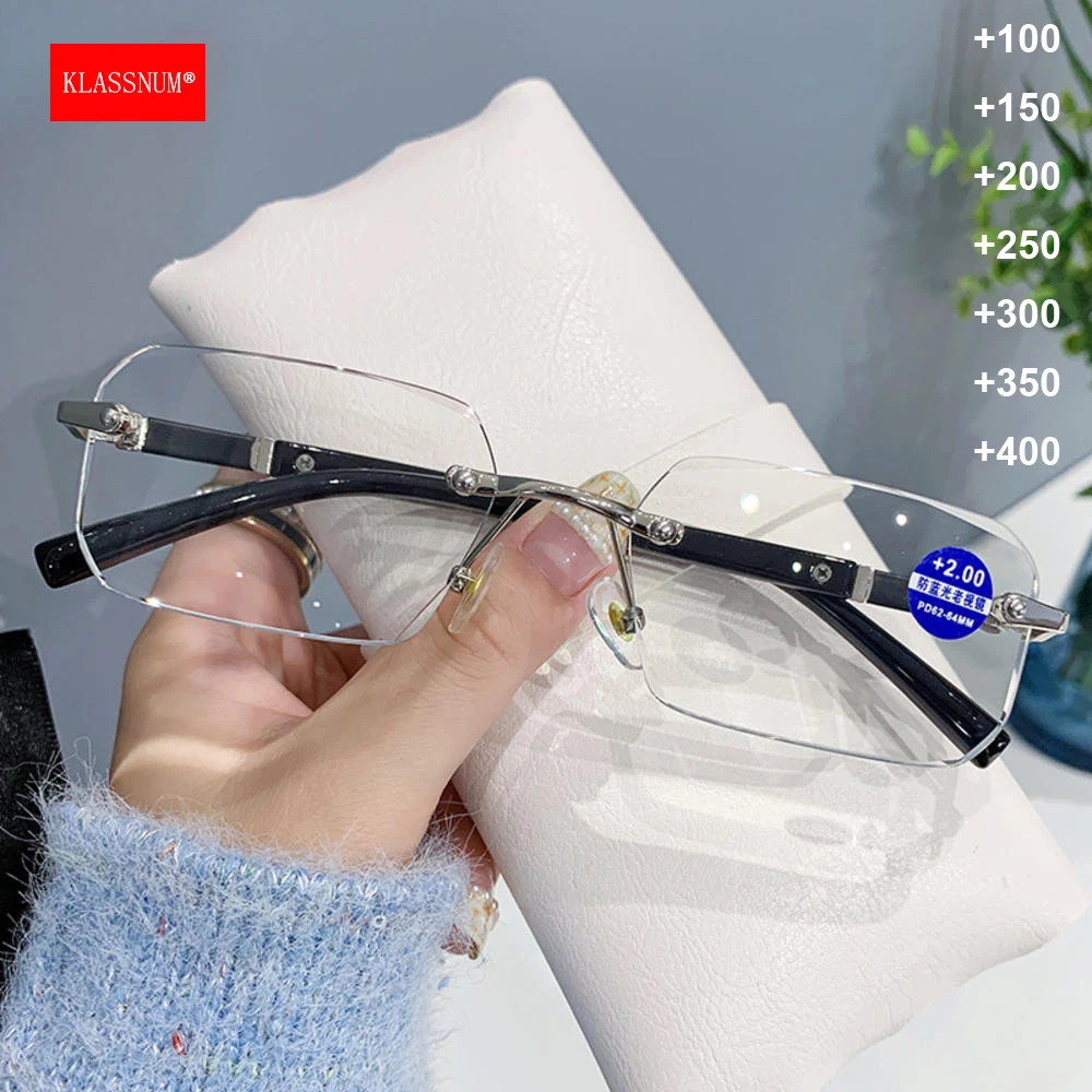 KLASSNUM Men Cut Edge Rimless Reading Glasses Plus Presbyopic Glasses Luxury Transparent Anti Blue Light Presbyopia Eyepiece New