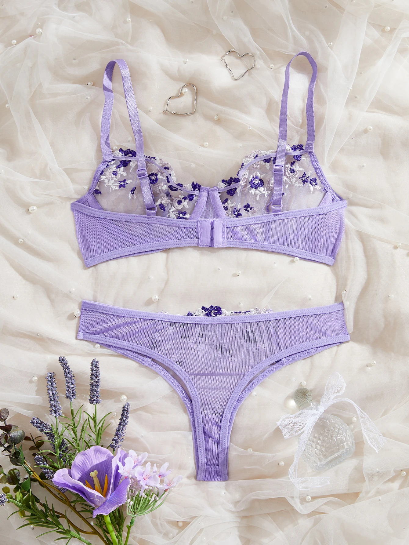 Purple Sexy Lingerie Woman Lace Transparent Underwear Fairy Embroidery Brief Sets Delicate Bra Panties Kits Erotic Breves Sets