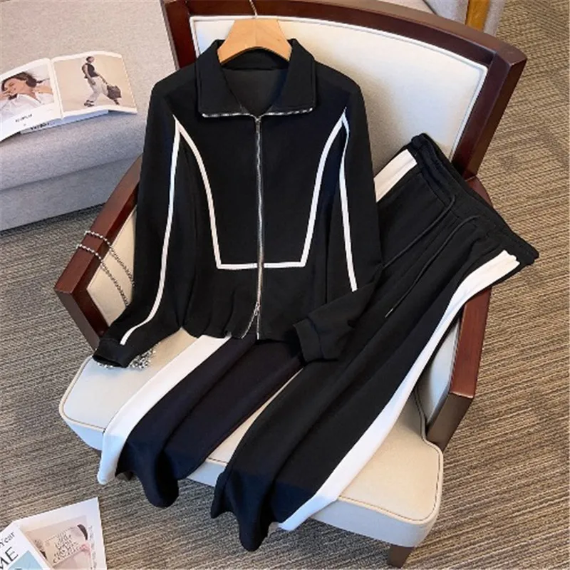 

Korean Tracksuit 2 Piece Sets Womens Outfits Tunic Zipper Tops High Waist Straight Wide Leg Pants Suit Casual Fashion Set Spring