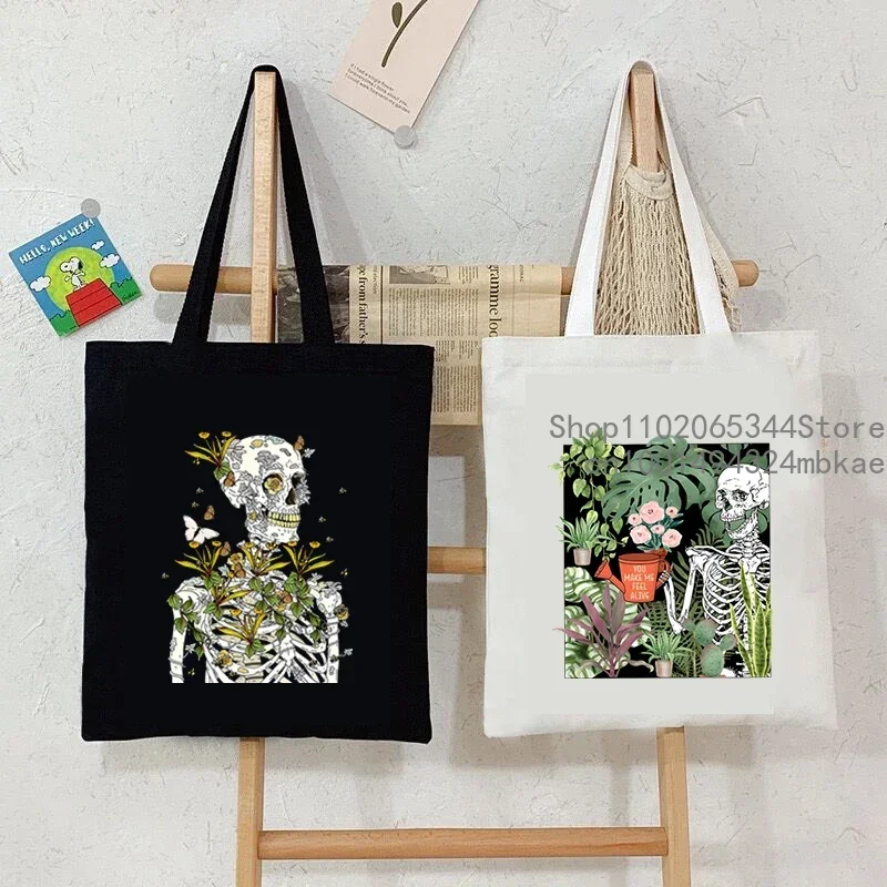 Crazy Plants Canvas Women Shoulder Bag Vintage Skeleton Floral Butterfly Shopping Bags Fashion Tote Bag Female Skull Handbags