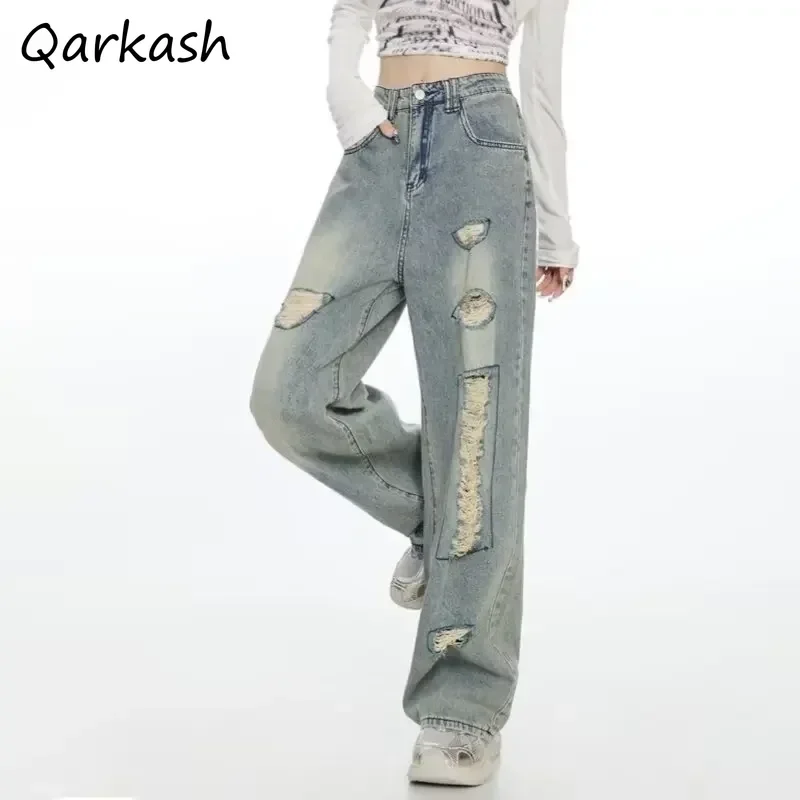 

Jeans Women Washed Vintage Ripped Personality Autumn Straight Loose High Waist All-match American Street Hipster Denim Trousers