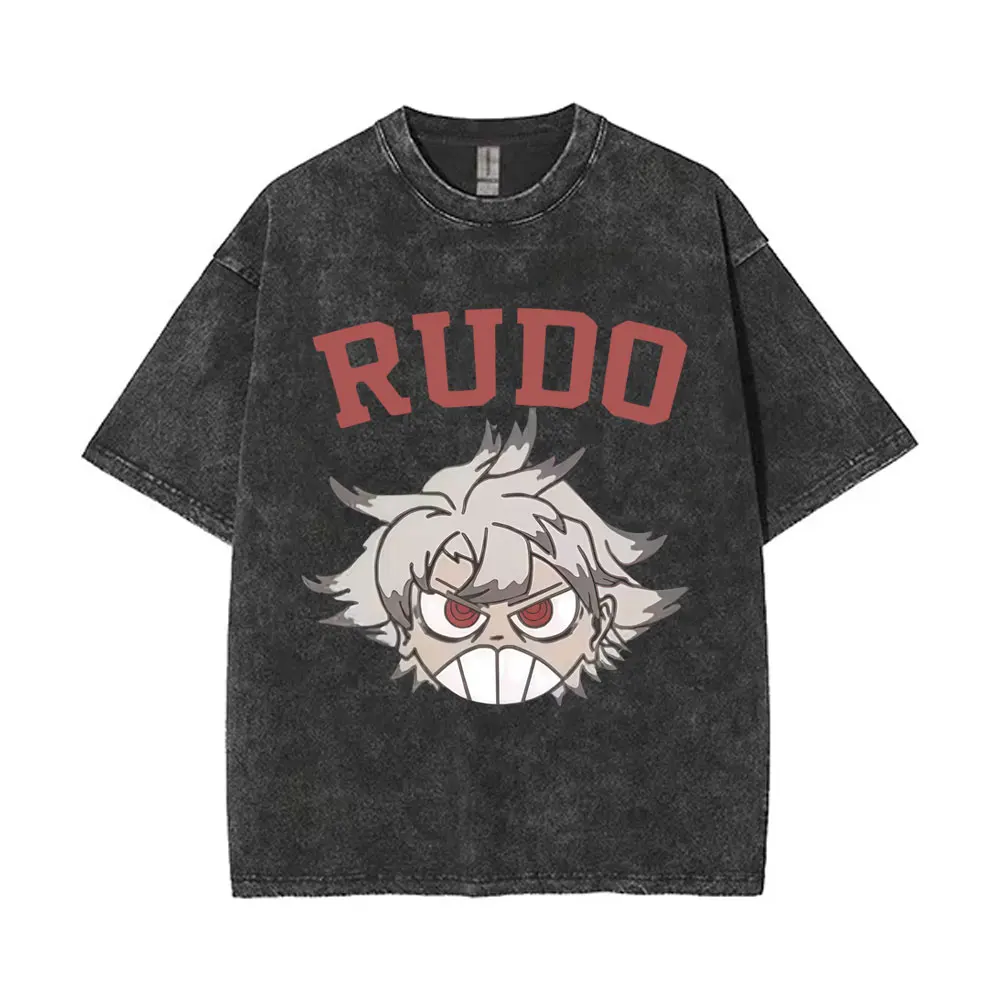 Washed Vintage Anime Gachiakuta Rudo Double Sided Print T Shirt Men Women Casual Cartoon Manga Short Sleeve T-shirts Streetwear