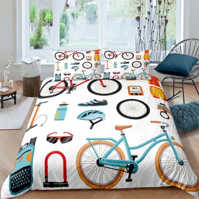 Bike Cycling Print Bedding Set Sport Style Duvet Cover Mountain Bike Quilt Cover With Pillowcases King For Teen Adult Room Decor