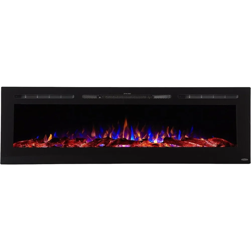 Electric Fireplace 72 Inch Wide-in Wall Recessed 1500W Heater Thermostat-Black-Log & Crystal Hearth Options -Alexa/WiFi Enabled