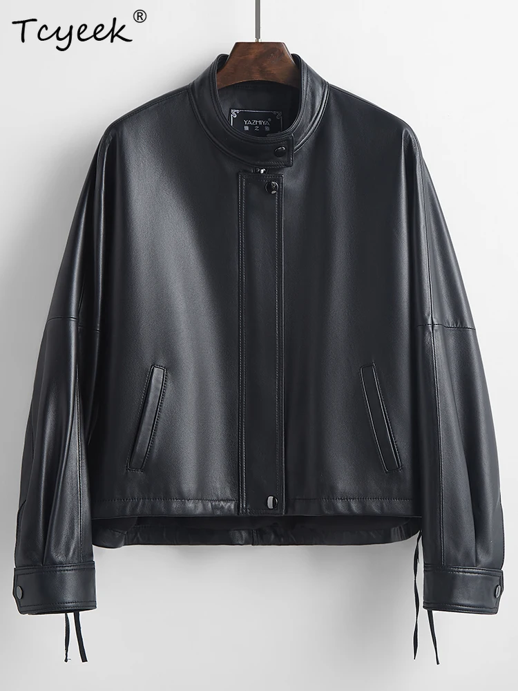 Tcyeek Genuine Leather Jacket Spring Autumn Stand Up Collar Shoulder Length Long Sleeved Short Black Jackets Chaqueta Cuero