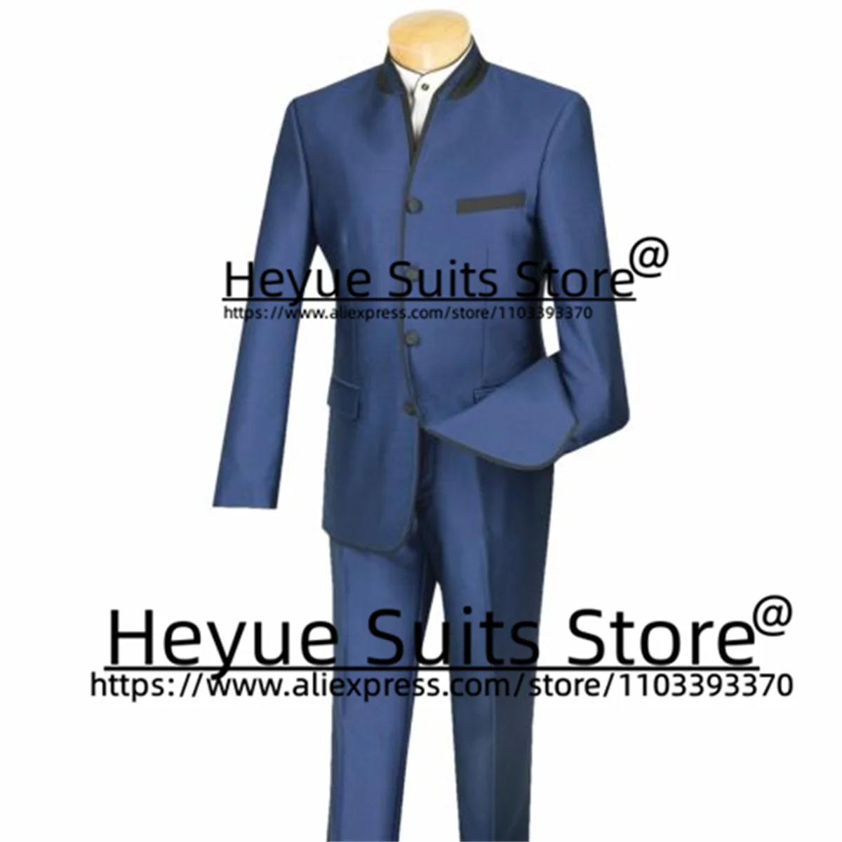 

Formal Blue Stand Collar Wedding Suits For Men Slim Fit Custome Luxuly Groom Tuxedos2Pcs Sets Business Male Blazer Costume Homme