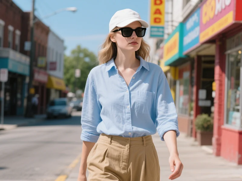 Donna che indossa cappello e occhiali da sole che cammina per strada in estate