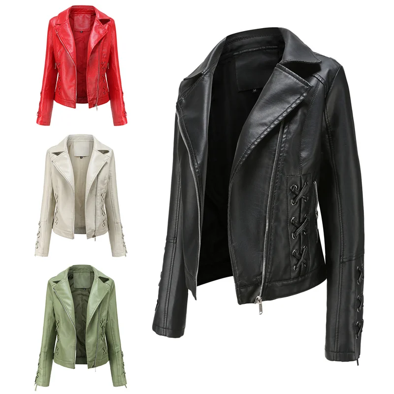 

Streetwear Bandage Leather Short Jacket Women Slim Coat PU Leather Moto Biker Outerwear Turndown Collar Casual Top Spring Autumn